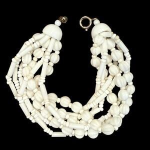 Vintage 1950’s White Milk Glass Multi Strand Beaded Bracelet 7”